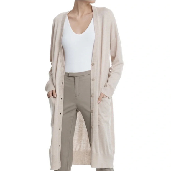 ATM SILK WOOL CASHMERE LONGLINE CARDIGAN BEIGE SMALL PATCH POCKETS - Picture 1 of 9